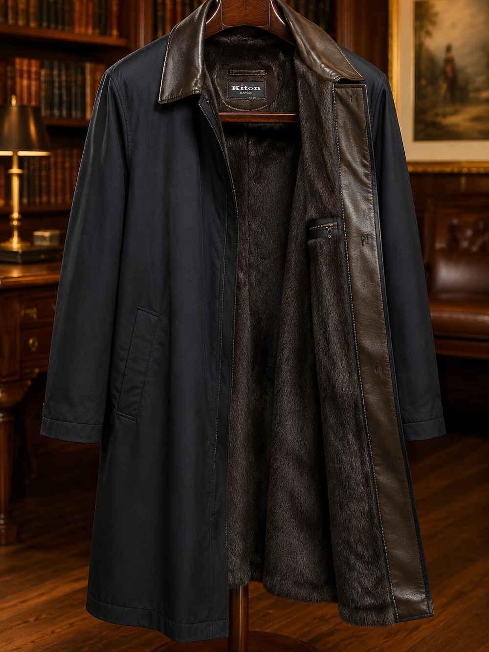 Kiton Navy Trench Coat with Brown Leather Trim and Mink Lining
